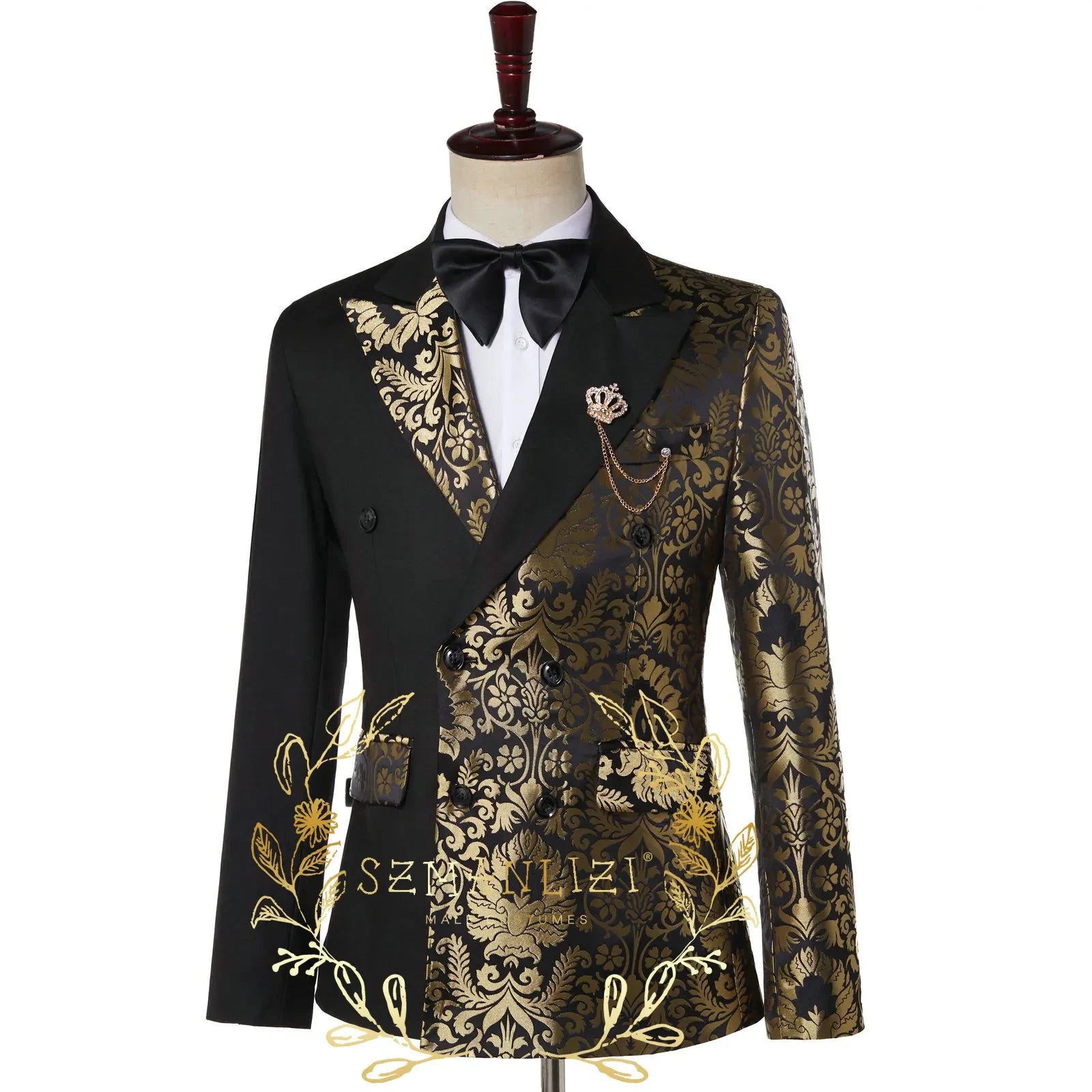 Voguable  Double Breasted Black Gold Floral Jacquard Slim Fit Mens Suits Wedding Groom Tuxedos Party Jacket Pant Terno Masculino voguable