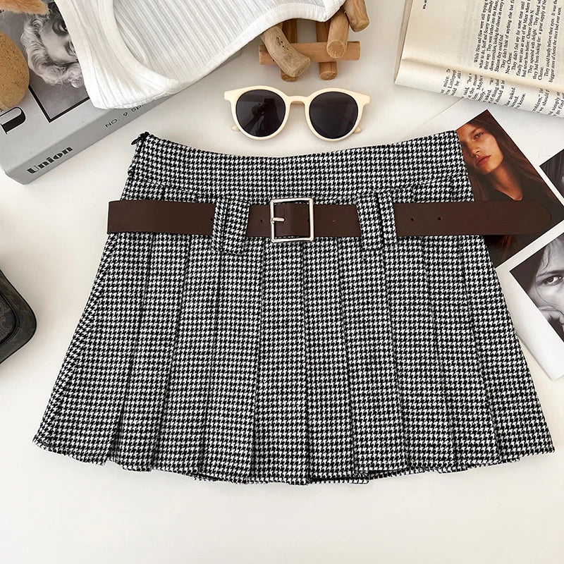 Y2K Low Rise Houndstooth Mini Skirt with Belt Woolen Pleated Mini Skirt Ladies Autumn Winter Outfit voguable