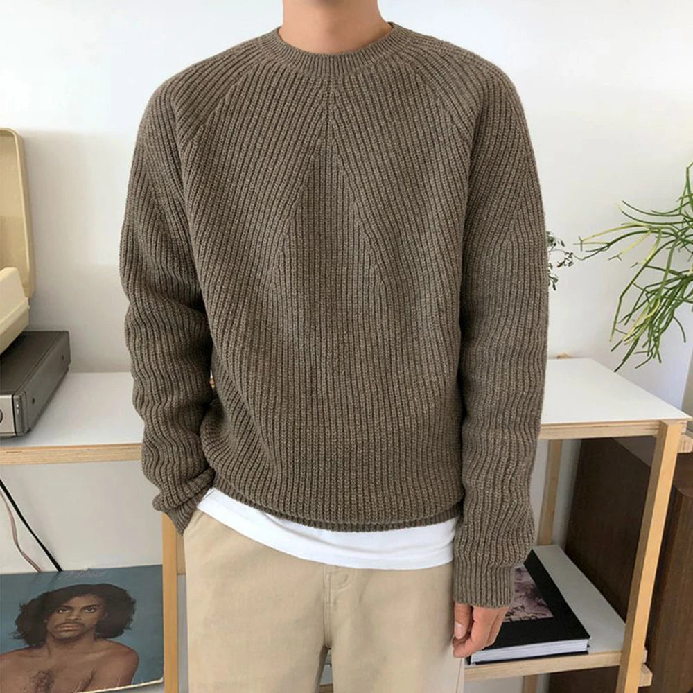 Voguable  Men Autumn Winter Korean Style Loose Round Neck Knitted Sweater Gender-Neutral Trendy Casual Solid Color Simple Sweater Unisex voguable