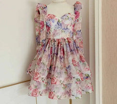 Fashion Women Dress Full Sleeve Square Collar Print Lace Up Bow Female Party Dress New Tide voguable