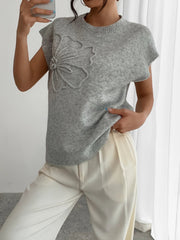 Elegant 3D floral pattern round neck knitted sweater vest for women's clothing voguable