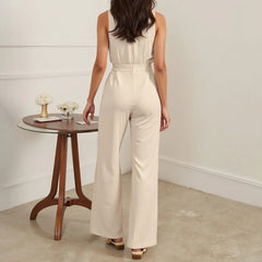 Women's Jumpsuits All Season Fashion Minimalist Plain Nipped Waists Sleeveless V-Neck Straight Office Lady Jumpsuits voguable