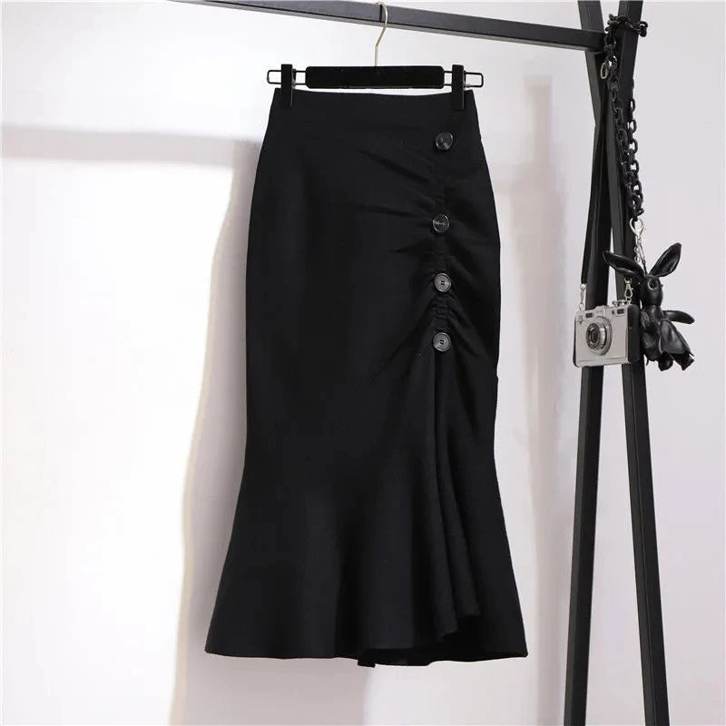 Trumpet Houndstooth Vintage High Waist Buttons Women's Skirt Korean Fashion Mermaid Mid-Calf Long Skirts For Women Spring voguable