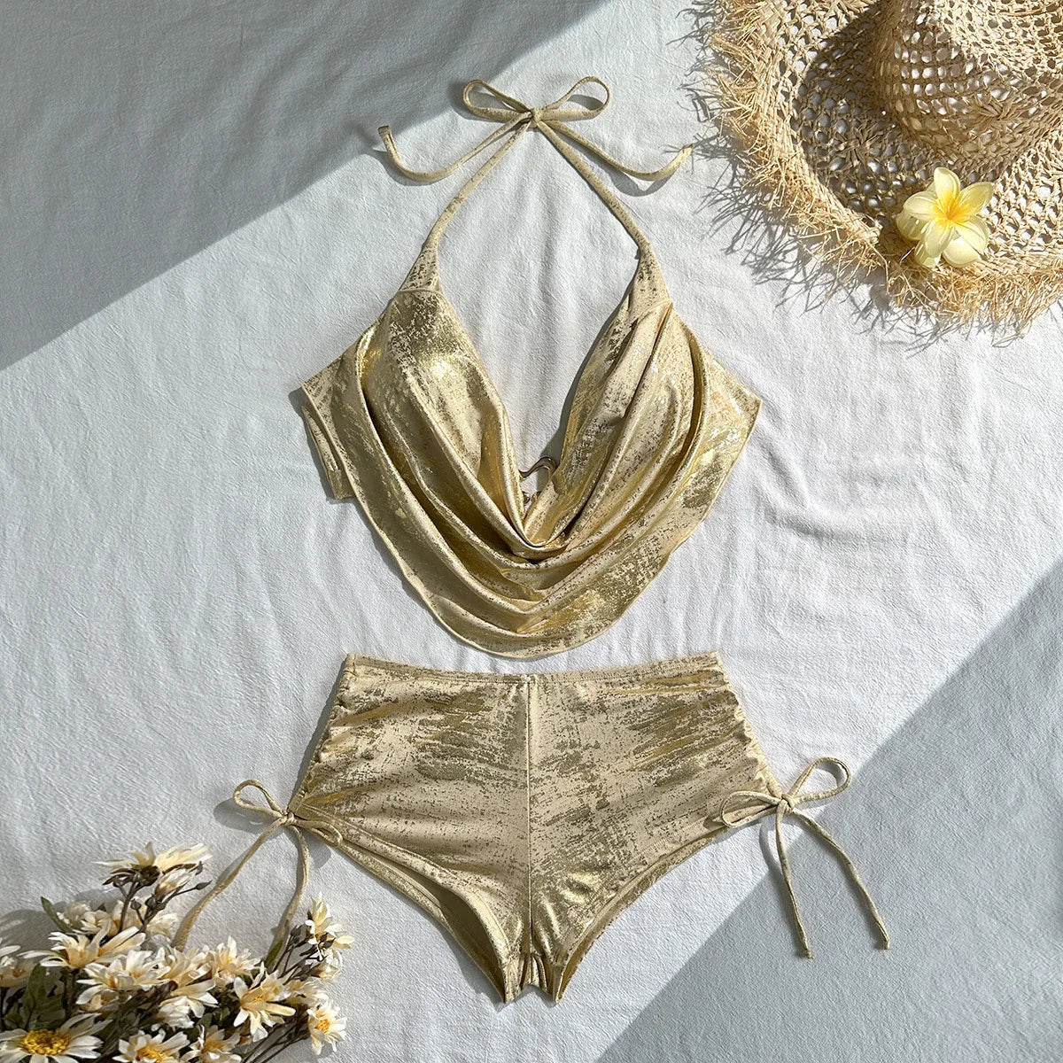 Voguable  Summer Women Shiny Gold Metallic 2 Piece Set Halter Neck with Ring Detail Ruched Top and Side Drawstring Mini Skir Beach Party voguable