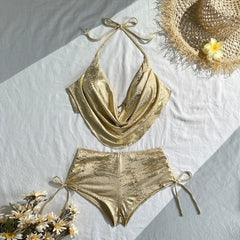 Voguable  Summer Women Shiny Gold Metallic 2 Piece Set Halter Neck with Ring Detail Ruched Top and Side Drawstring Mini Skir Beach Party voguable