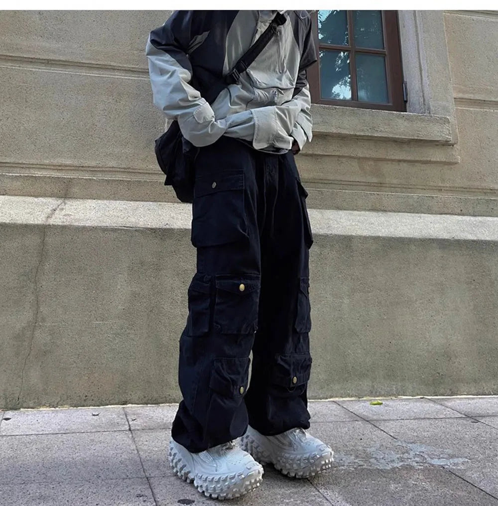 Street Popular White Multi-pocket Overalls Men's Harajuku Style Loose Casual Trousers Straight Mopping Pants Autumn New voguable