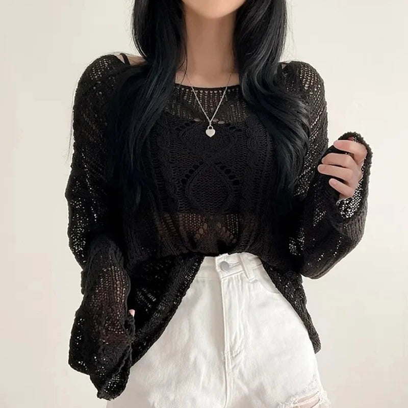 Long Sleeve Crochet Top Cable Knit Summer Beach Bikini Cover Up Crop Pullover Openwork Blouse Women Vacation Boho Outfit voguable