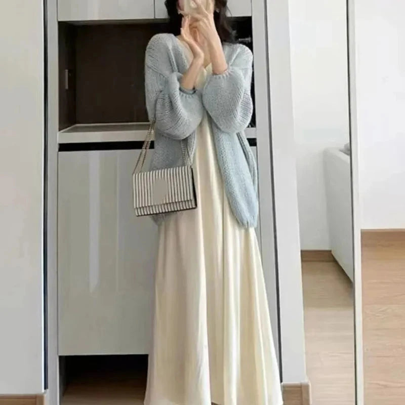 Lazy Wind Retro Cardigan Women Casual Loose Long Sleeve Korean Knitted Sweaters Coats Vintage Fall Winter Simple Solid Tops New voguable