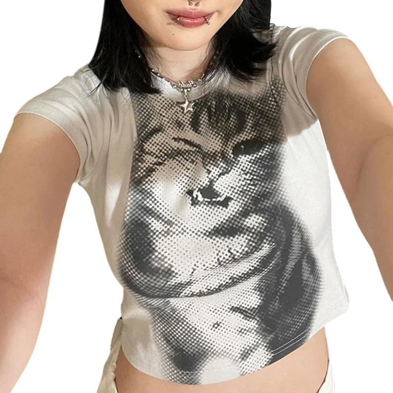 y2k Crop Top Cute T Shirt Women Summer Cat Print Round Neck Short Sleeve Baby Tee Graphic Clothes 2000s Streetwear voguable