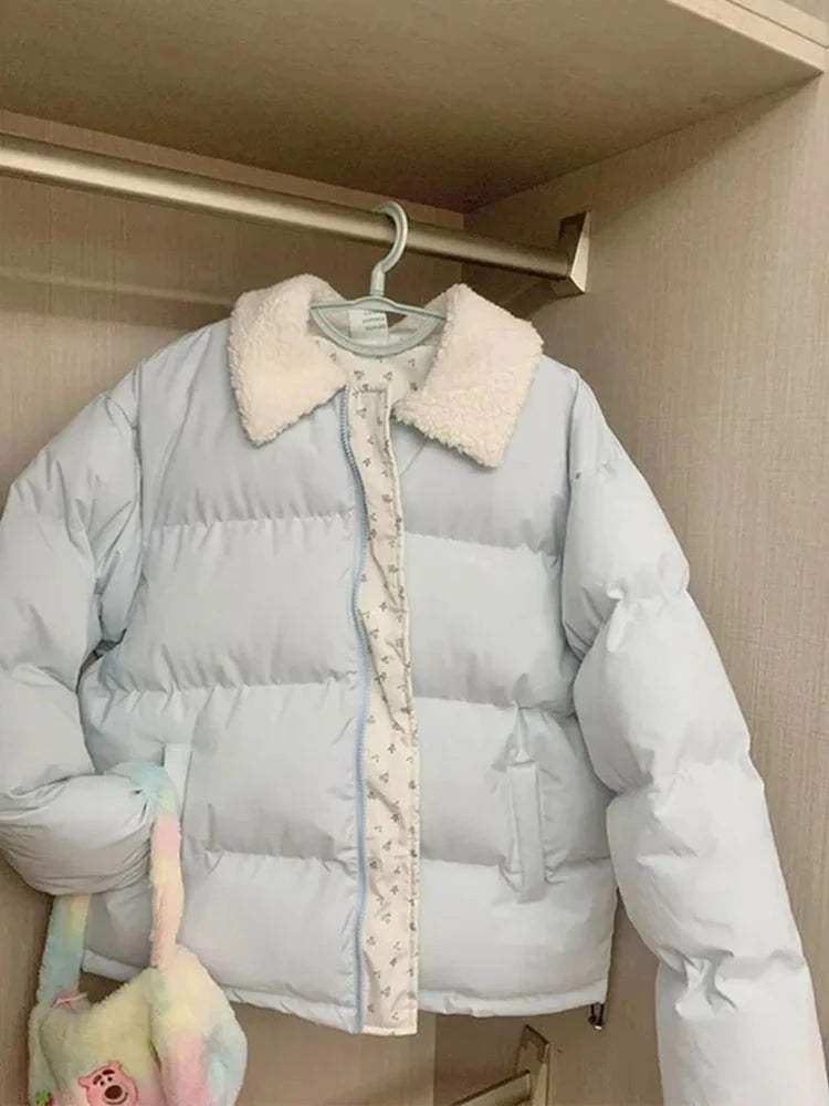 Blue Floral Patchwork Parkas Women Korean Sweet Winter Warm Puffy Coat Casual Long Sleeve Loose Preppy Style Cotton Jacket voguable