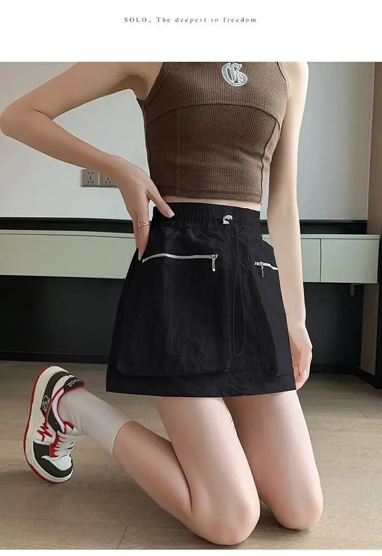 High Waist Drawstring Summer Women Short A Line Skirt Vintage Casual Cargo Big Zipper Pocket Skirt with Safety Shorts Hip Skirts voguable