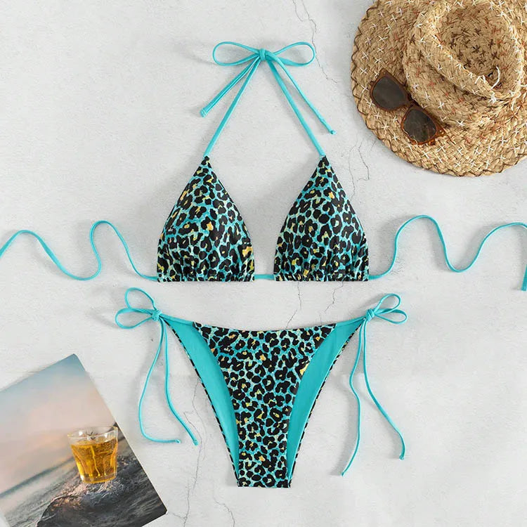 Voguable  Fashion Sexy Leopard Laced Up Bikini Women Split Swimsuit Beach Vacation Bikini All Season Backless Bikini 2 Piece Set voguable