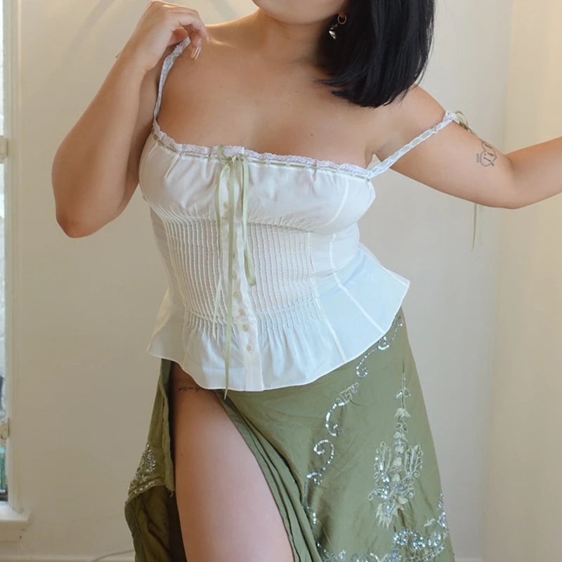 y2k Tops Women Summer Spaghetti Strap Sleeveless Bustier Corset Camisole Pleated Vest 2000s Aesthetic Clothes Clubwear voguable