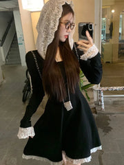 Women's French Lace Patchwork Y2K Dress Hooded Long Sleeves Slim Waist A-Line Short Skirt 2025 New Spring Summer Chic Vestidos voguable