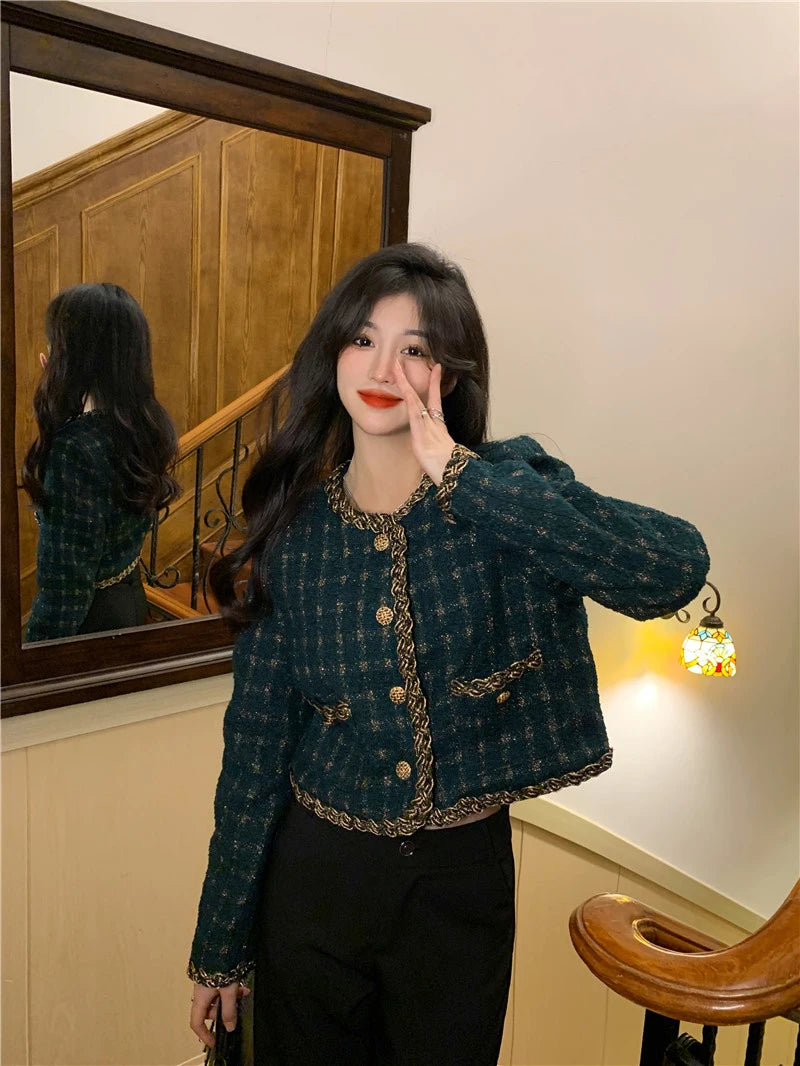 Vintage Cropped Tweed Jacket Women Elegant Blazer Korean Single Breasted Short Coats Autumn Winter Chic Suit Outerwear New voguable
