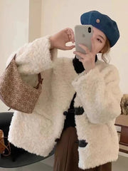 Korean Winter Faux Lamb Coat Women Slim Long Sleeve Warm Sweet Jacket Preppy Style Casual O Neck Female Cute Solid Tops New voguable