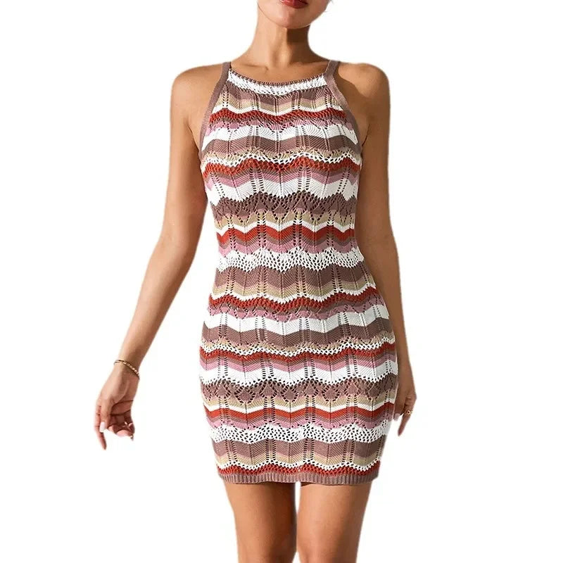 Voguable  Sexy Hollow out Knitted Strap Dress Mid-Length Stripe Pattern Summer Slim Fit Gown Hanging Neck Design Chinese Origin Women's We voguable