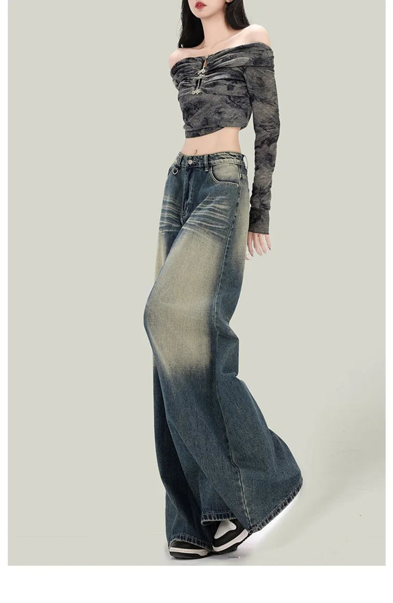 Women Streetwear Retro Jeans Loose High Waist Y2K Denim Pants Casual American Harajuku Fall Female Pockets Wide Leg Trousers New voguable