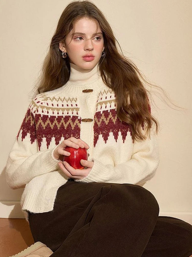 American Christmas Red Cardigan Women Vintage Lazy Wind Sweet Knitted Sweater Casual O Neck Long Sleeve Retro Harajuku Tops New voguable