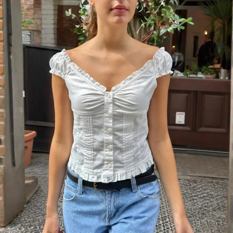 y2k Tank Top Women Summer Clothes Solid Color Cap Sleeve Button Down Slim Fit Frill T Shirt 2000s Vest Streetwear voguable