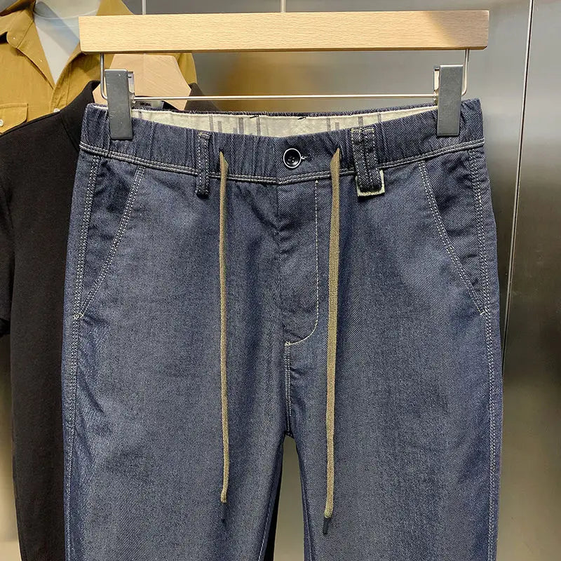 Spring Autumn New Fashion Solid Color Elastic Waist Jeans Men's Clothing Drawstring Pockets Chaopai Casual Loose Straight Pants