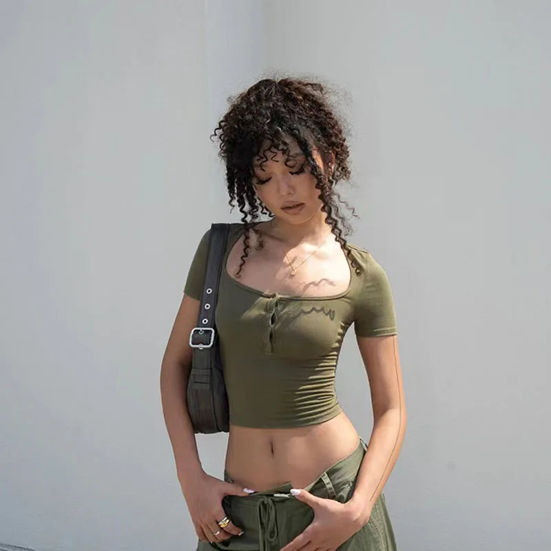 Y2K Sexy V Neck Crop Top Women Low Cut Skinny Button Up Cropped T Shirts Summer Fashion Streetwear Solid Short Sleeve Tees voguable