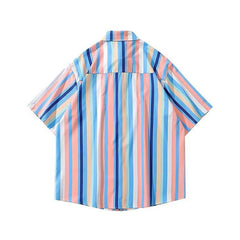 Voguable  American Fashion Striped Contrast Printed Short-sleeved Shirt Korean Version Summer Loose And Versatile Couple Shirt Jacket voguable