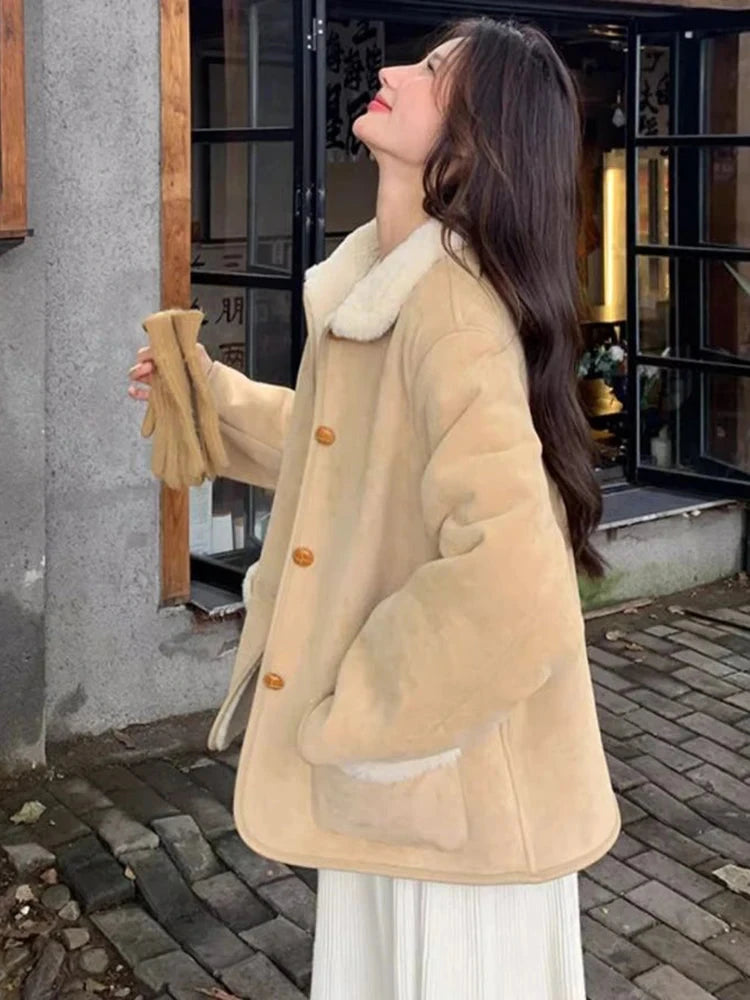 Women Faux Lamb Suede Jacket Winter Warm Long Sleeve Sweet Cotton Coat Korean Pockets Female Thick Vintage Outwear Tops voguable