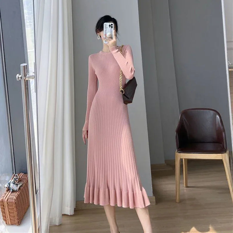 Apricot Knitted Ruffles Dress Women Korean Autumn Elegant Slim Long Sleeve Midi Dress Solid Streetwear Casual A Line Dress voguable