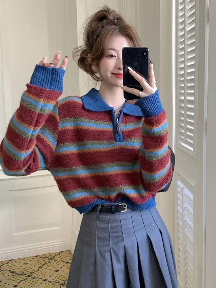 Voguable  Vintage Harajuku Striped Sweater Women Sexy Cropped Knitted Pullover American Retro Turn Down Collar Design Casual Tops voguable