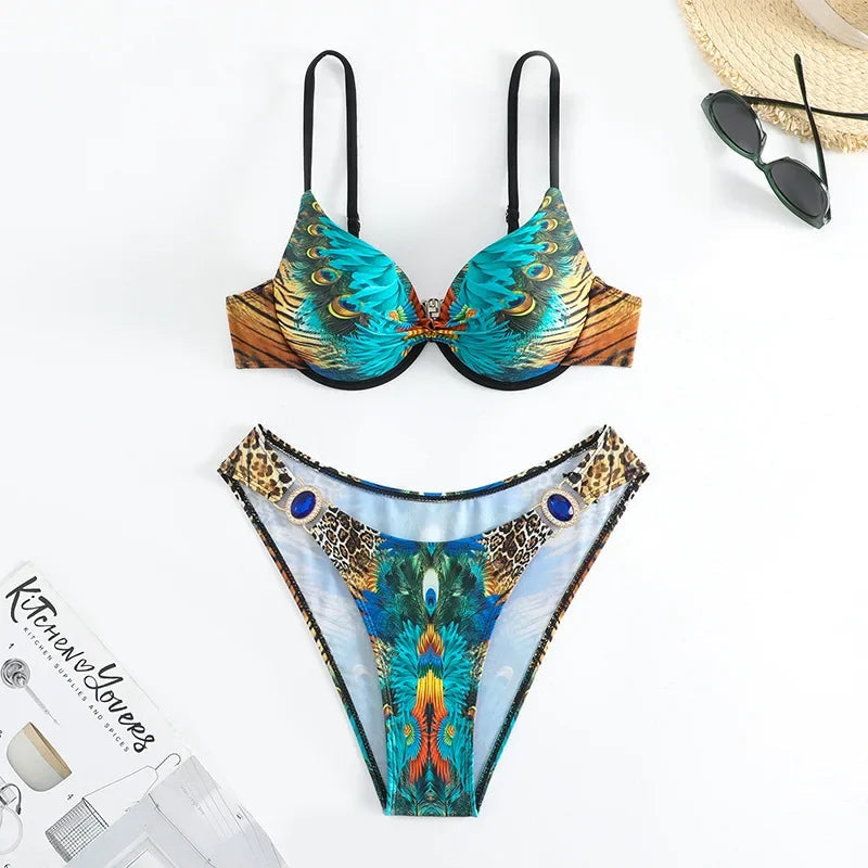 Voguable  Green Peacock Print 2-piece Bikini for Women,Summer New,rhinestone Low Waist Thong Swimsuit,underwire V-neck Bathing Suit voguable