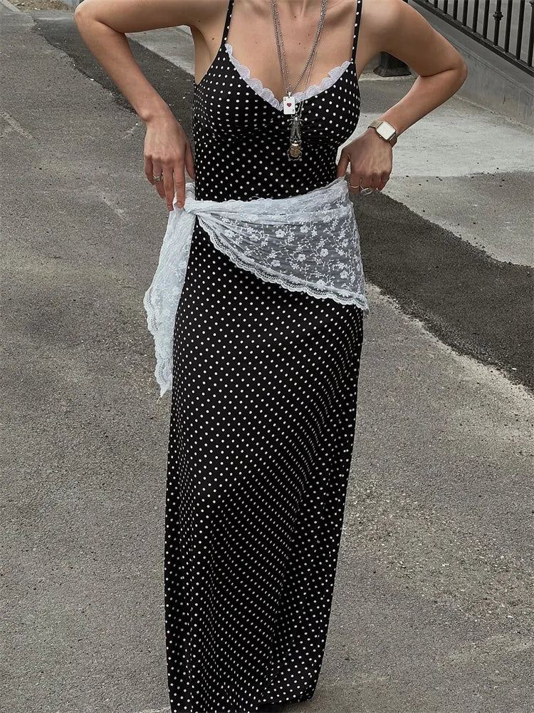 Lace Patchwork Printed Long Dress For Women Summer Slim Fashion V-Neck Spaghetti Backless Dress Female Halter Dresses voguable