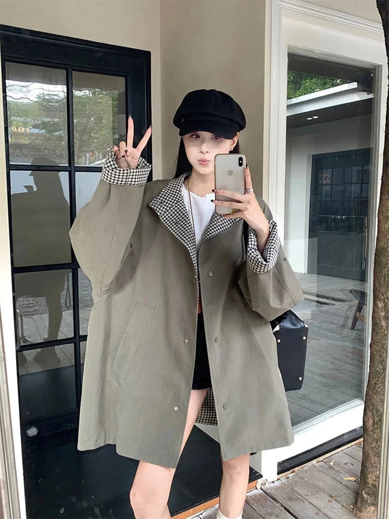Korean Chic Elegant Jacket Women Loose Design Double Sided Wear Plaid Coat Fall Fashion Long Sleeve Sweet Pockets Outwear voguable