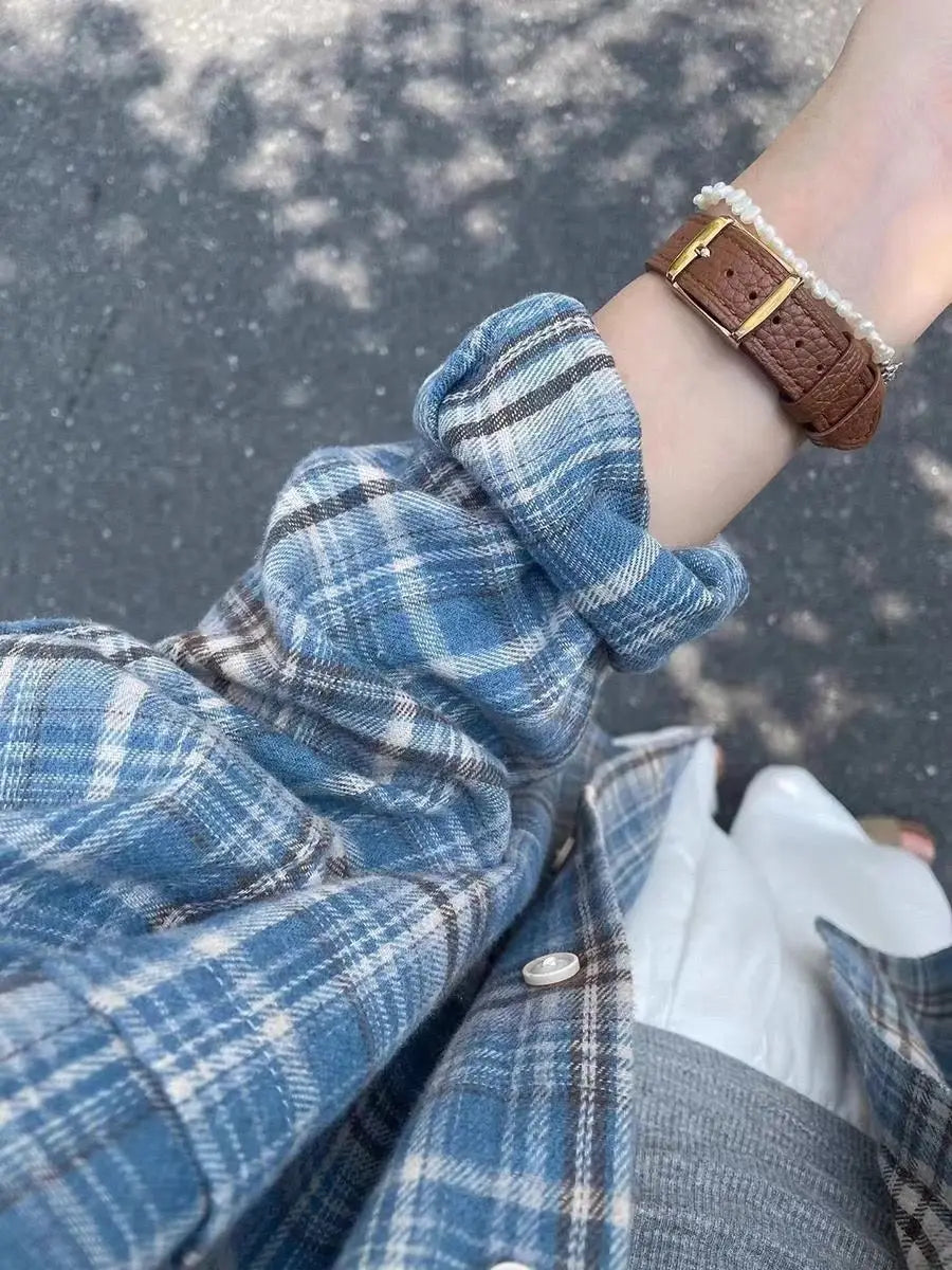 Women Shirt Women Long Sleeve Mid Length Vintage Blue Plaid Pocket Turn down Collar Preppy Style Shirts Blouse Female Cardigan voguable