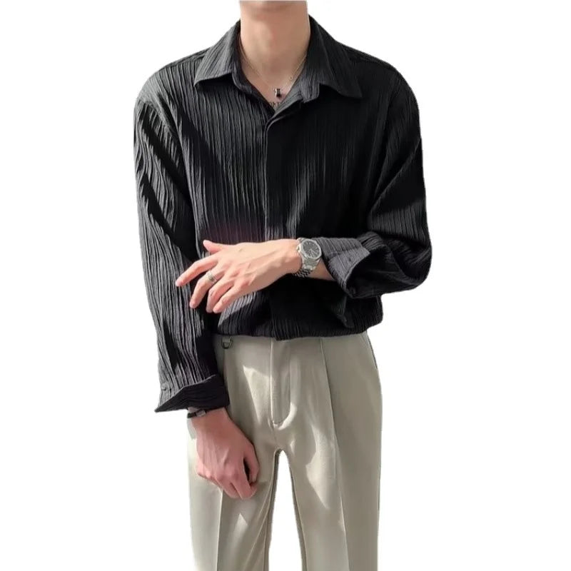 Voguable Black Apricot White Long-sleeved Shirt Men Fashion Social Men Dress Shirt Korean Loose Casual Pleated Shirts Men Formal Shirt voguable