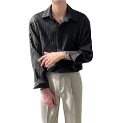 Black Apricot White Long-sleeved Shirt Men Fashion Social Mens Dress Shirt Korean Loose Casual Pleated Shirts Mens Formal Shirt voguable