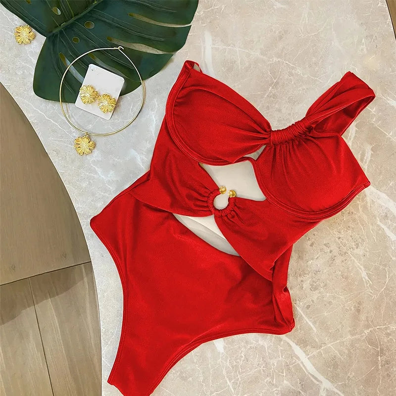 Voguable  Triangle Bandeau Bikini Women's Single-strap Design with Underwire Support Tie-back Metal Clasp Closure Solid Color Swimwear voguable