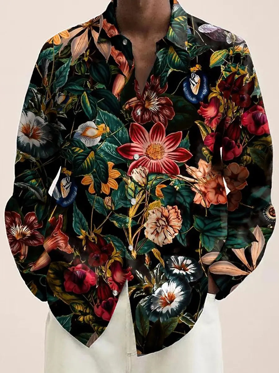 Mens Red Floral Print Long Sleeve Shirt Fashion Design Luxury Long Sleeve Tops Mens Four Seasons Button Lapel Shirt voguable