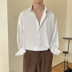Voguable White Long Sleeved Shirt Men Oversized Fashion Social Men Dress Shirt Korean Loose Ice Silk Shirt Men Office Formal Shirts voguable