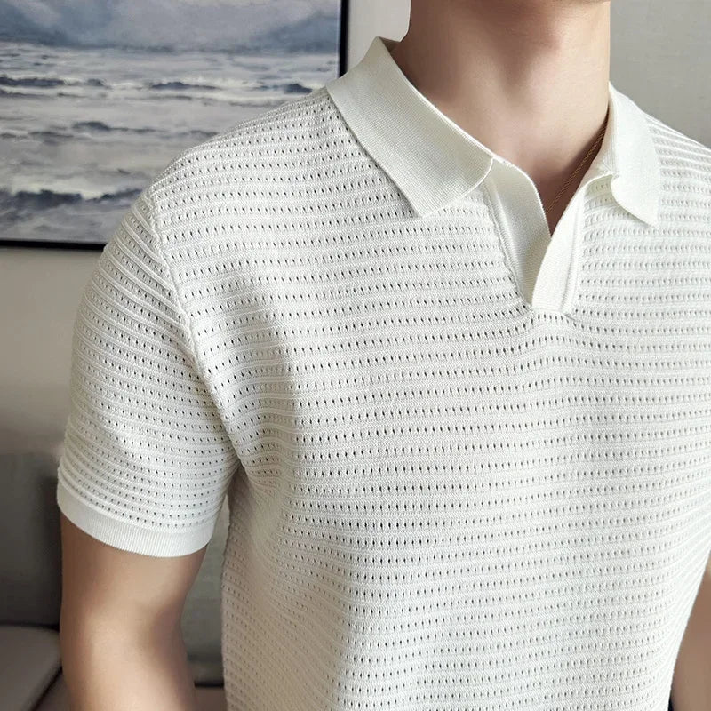 Men's Polo Shirt 2024 Summer New Thin Knitted Hollow Striped Jacquard Solid Short Sleeved V-neck T-shirt Casual Men's Clothing voguable