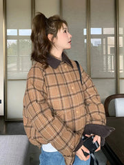 Warm Vintage Plaid Parkas Women Loose Long Sleeve Winter Thick Cotton Coat Korean Casual Pockets Cute Sweet Jacket Tops New voguable