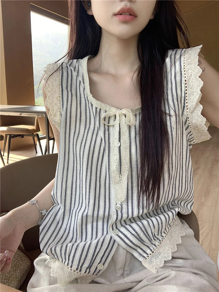 Striped Women Shirts Summer Lace Patchwork Loose Lace Up Casual Tops Korean Chic O Neck Sleeveless Button Blouse New voguable