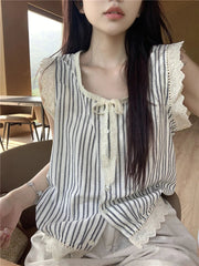 Striped Women Shirts Summer Lace Patchwork Loose Lace Up Casual Tops Korean Chic O Neck Sleeveless Button Blouse New voguable