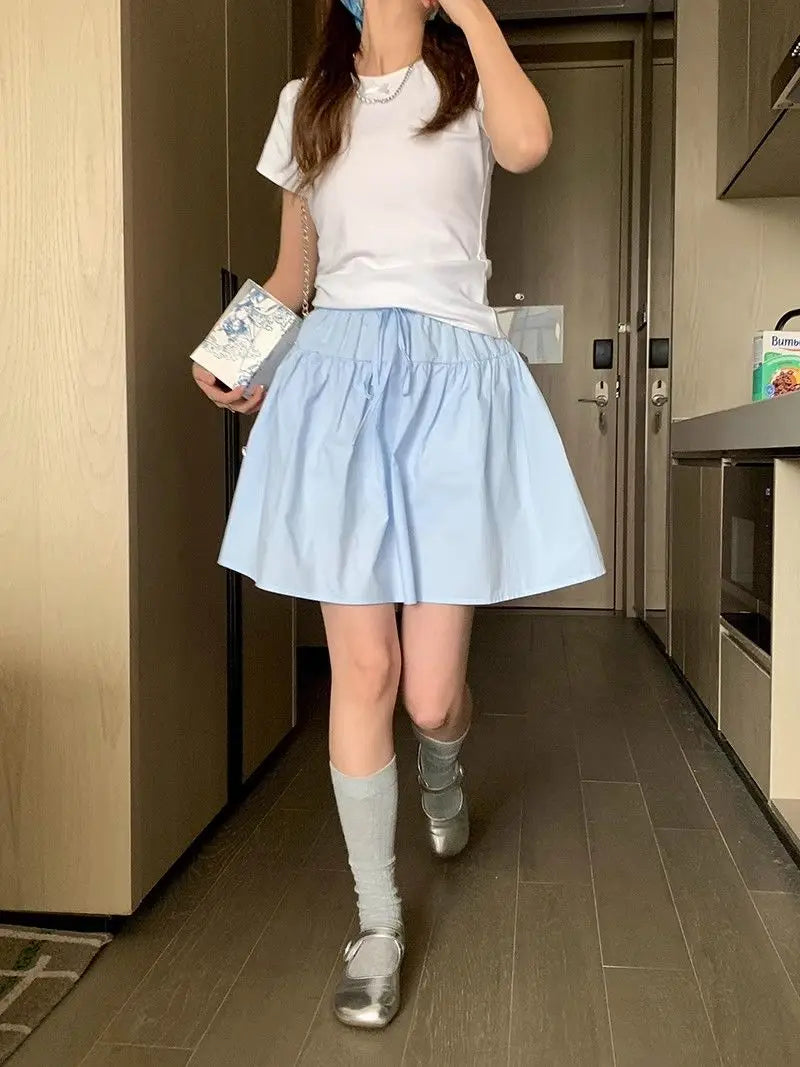 Cotton Casual Short A-line Skirt for Women High Waist Blue Elastic Waist Tie bow Sweet Loose Sports Skirt with Safety Shorts voguable