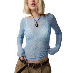 Lace Tops for Women y2k Clothes Sheer See Through Round Neck Long Sleeve Ruched T Shirt 2000s Clothing Party Clubwear voguable