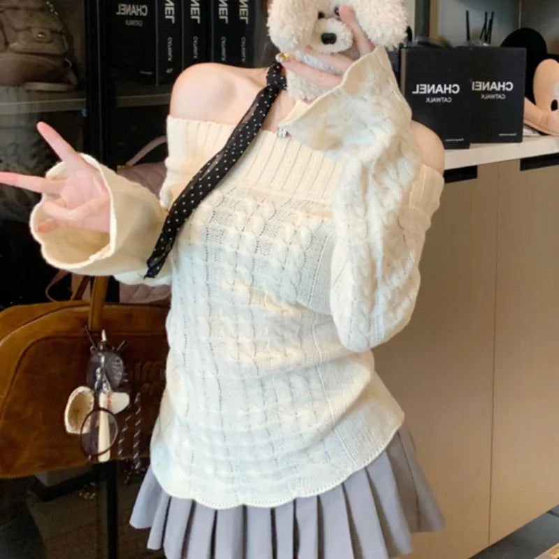 Slash Neck Pullovers Women Knitted Solid Jacquard Korean Fashion All-match Design Unique Sweet Spicy Girls Streetwear Temper voguable