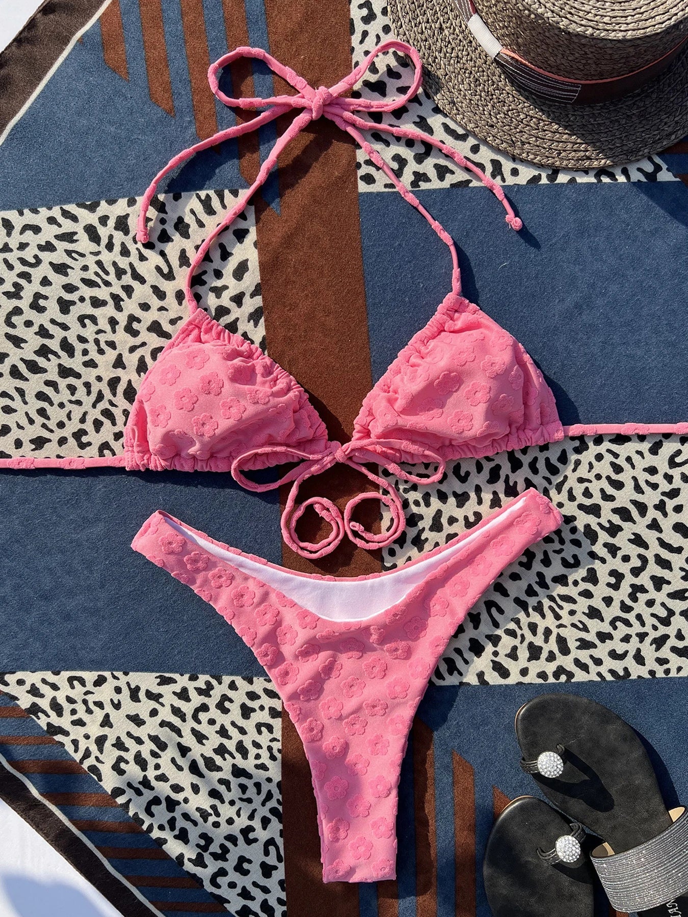 Voguable  Solid Flowers Lace Up Bikini Sets Swimsuit For Women Sexy Low Waist Swimwear Bathing Suit Summer Two Pieces Beachwear Swim voguable