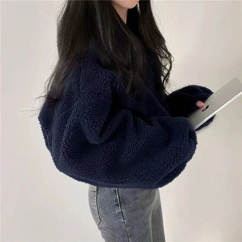 Artificial Lamb Wool Crop Jacket Women Autumn Winter Thick Warm Plush Coat Female Fashion Zipper Stand Collar Casual Outerwear voguable