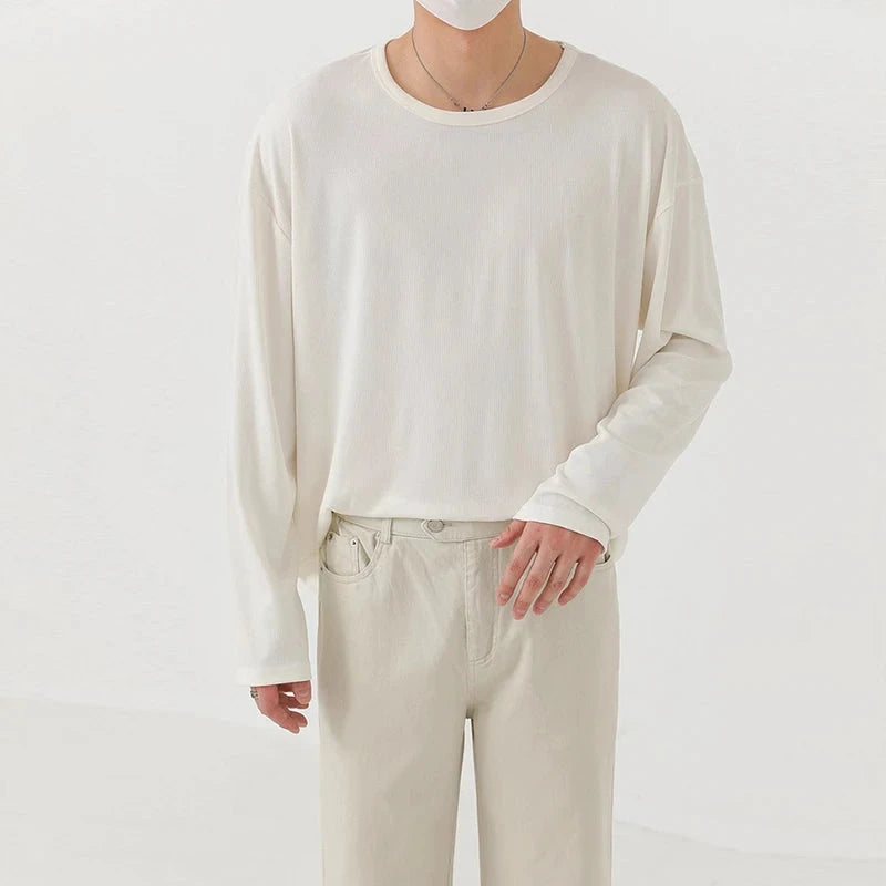 Korean Fashion Men T-shirt Luxury Knitted Solid Color Scoop Neck Long Sleeve Tees Casual Premium Quality Textured Knitwear M-3XL voguable