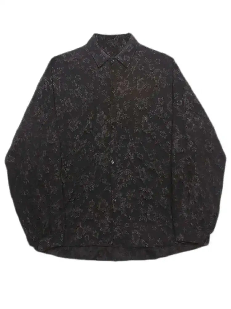 2XL White New Crumpled Jacquard Shirt Loose Fashion Solid Color Casual Turn-down Collar Top New All-match Bat Wing Sleeve P7W voguable